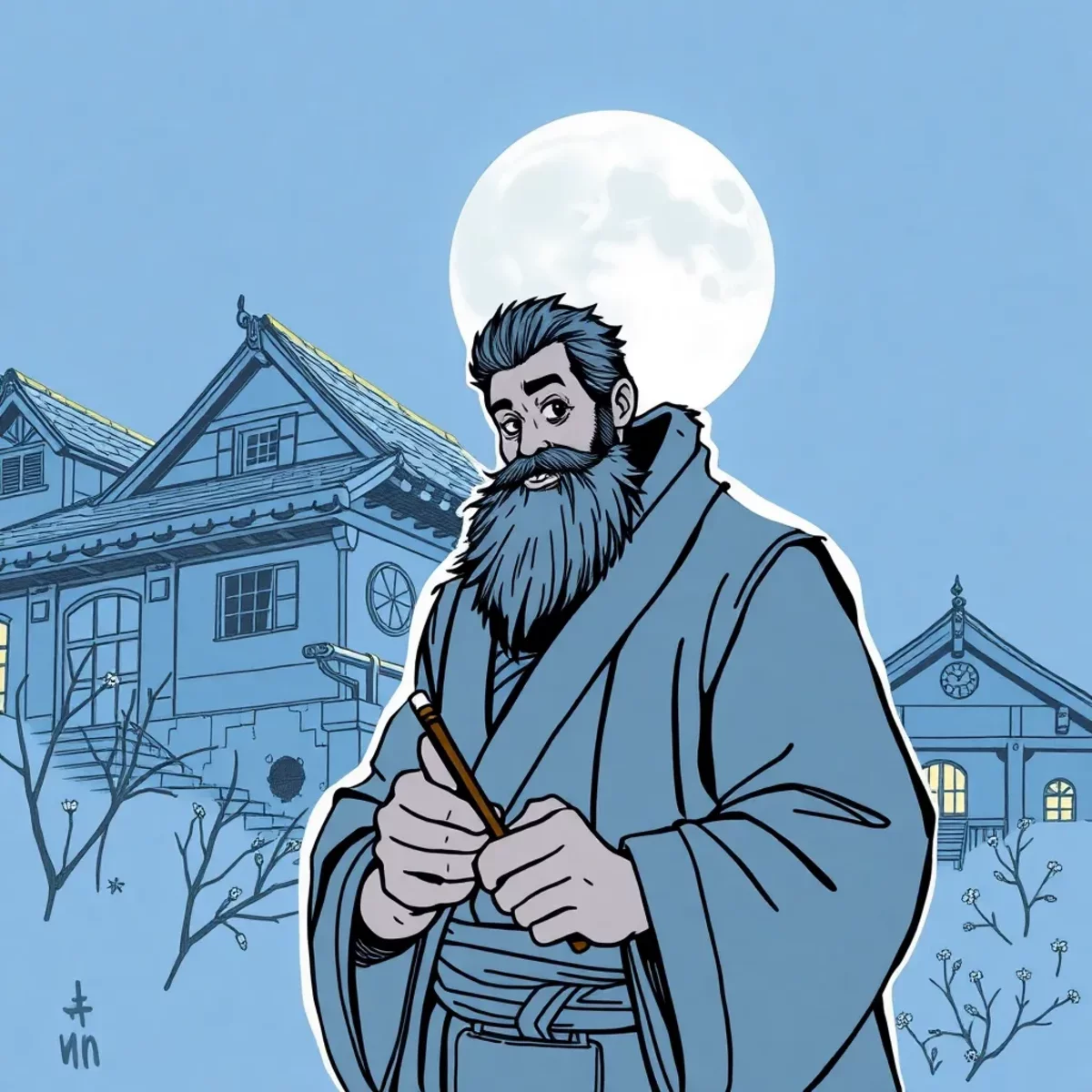 Bearded man in a kimono holding a flute, standing in front of a traditional Japanese building, with a full moon in the background.