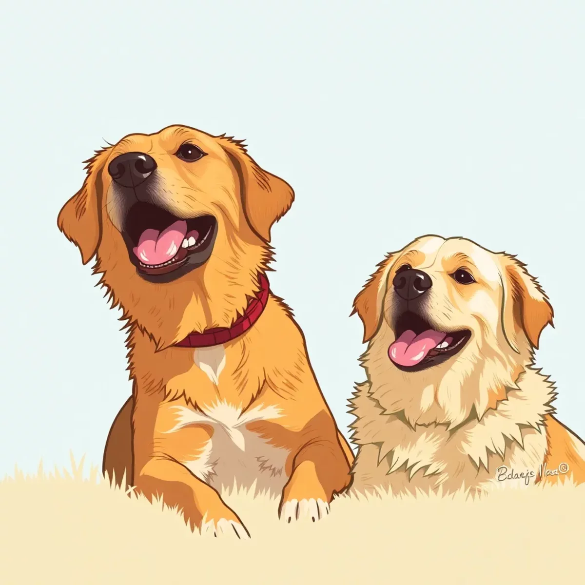 Two happy golden retrievers sitting on grass with tongues out, facing forward.