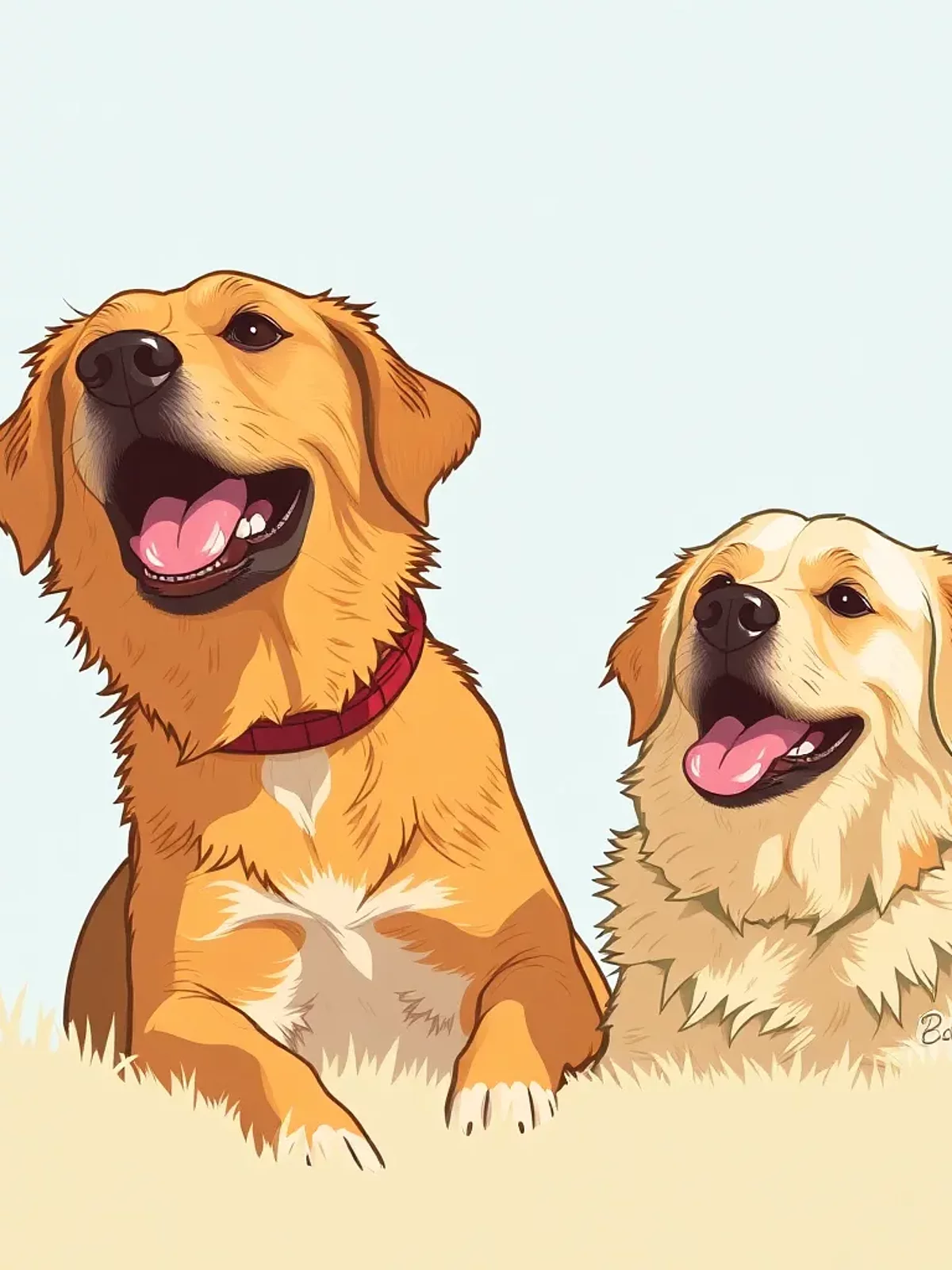 Two happy golden retrievers sitting on grass with tongues out, facing forward.