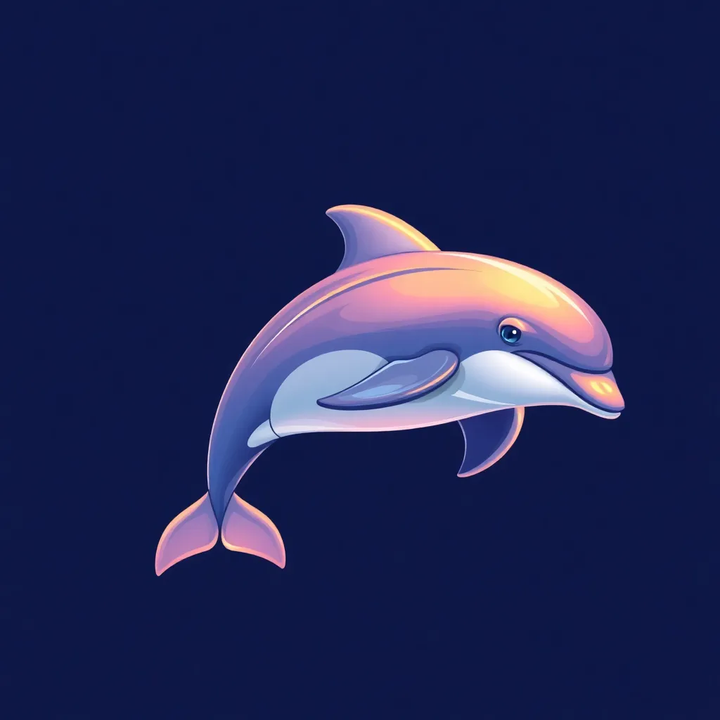 Illustrated dolphin with a gradient of purple and orange shades swimming against a dark blue background.